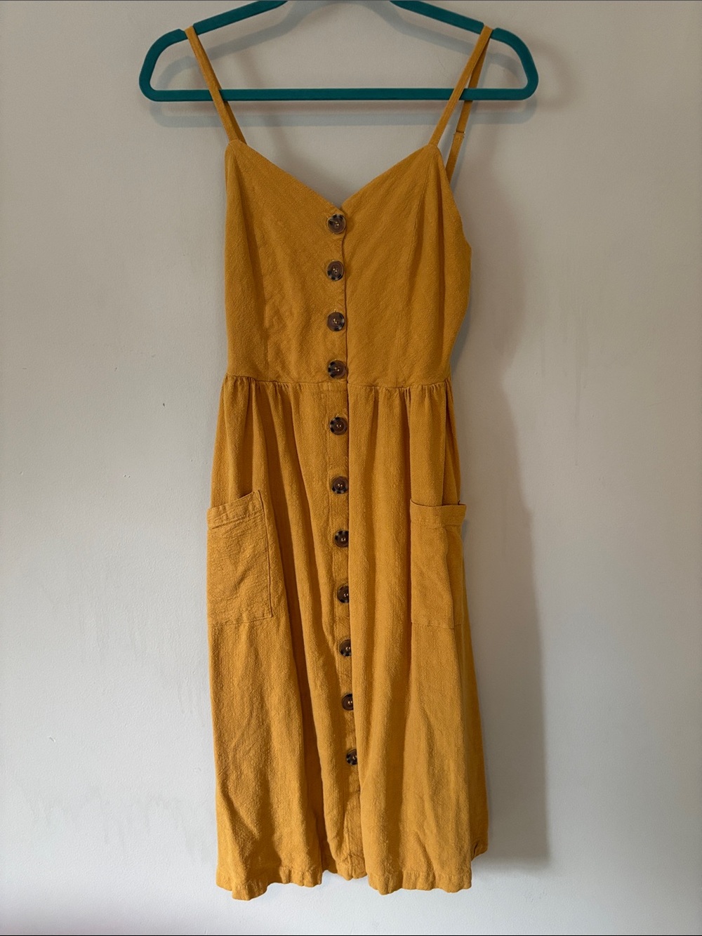 Soprano Linen Blend Button Front Midi Dress Mustard Yellow Size L